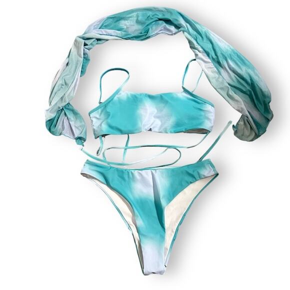 SHEIN Blue & White Tie Dye Strappy Bikini with Cover Up Three Piece Swimsuit Set - Picture 1 of 5